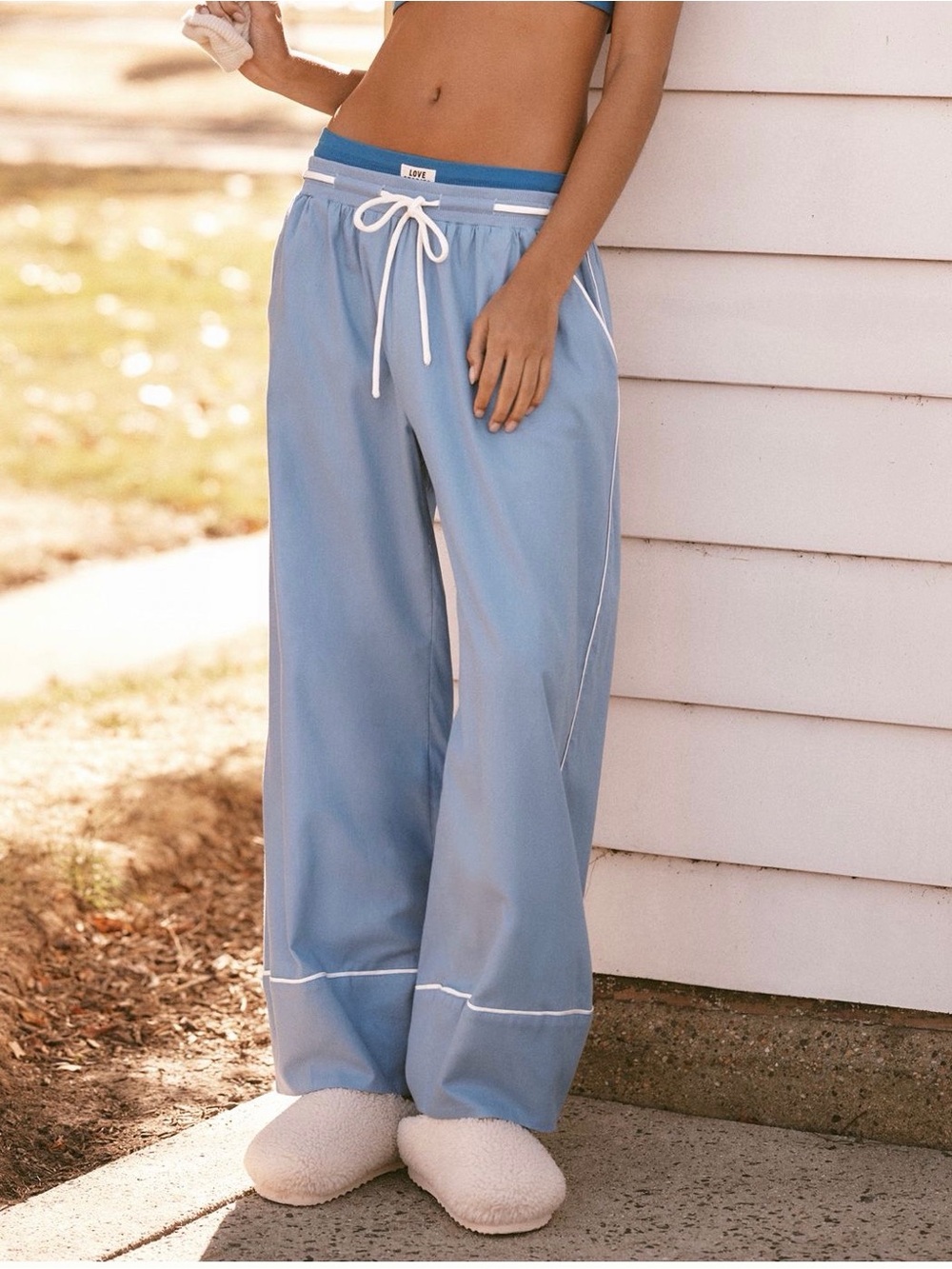 Anthropologie Flannel Light Blue Wide-Leg Lounge Pants with Contrast Trim